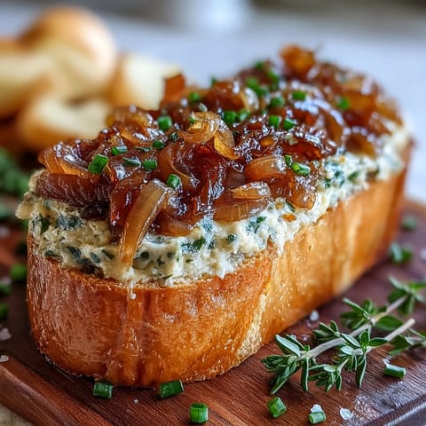 A creamy butter board topped with rich, golden caramelized onions and fresh herbs, perfect for spreading on baguette slices.