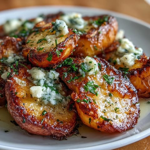 Crispy smashed baby potatoes drizzled with fragrant garlic-infused olive oil and sprinkled with fleur de sel.  