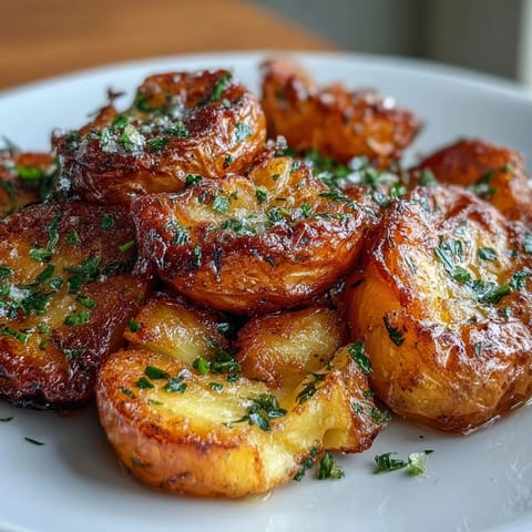 Fluffy roasted potatoes smashed to golden perfection, served with a savory garlic oil drizzle and fresh parsley.  