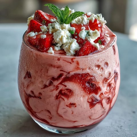 A vibrant pink smoothie blending cottage cheese, strawberries, and vanilla for a refreshing, nutritious breakfast treat.  