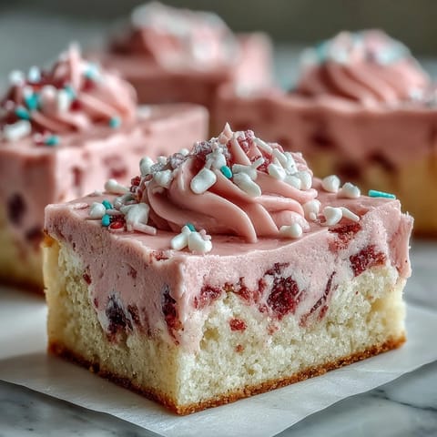 Buttery sugar cookie bars baked golden and frosted with naturally flavored strawberry frosting for a sweet treat.  