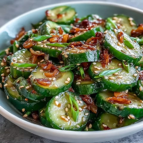 Crisp Asian sesame cucumber salad with soy dressing, showcasing fresh cucumbers and sesame seeds in a tangy marinade.