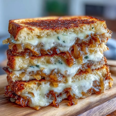 Decadent sourdough French onion grilled cheese sandwich with caramelized onions and melted Gruyère cheese on crispy bread.