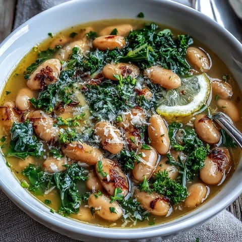 A steaming bowl of Tuscan white bean soup with kale, lemon zest, and Parmesan, served with crusty bread on the side.  
