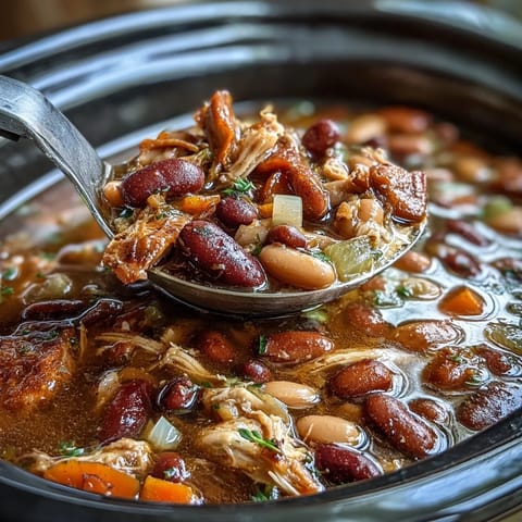 A steaming bowl of 15-bean crockpot soup with tender smoked turkey, rich broth, and vibrant vegetables.