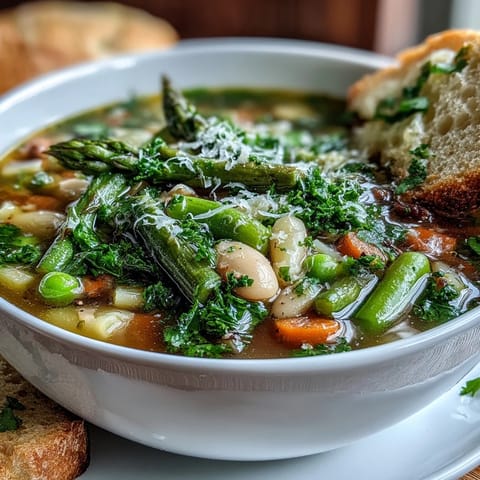 A bowl of vibrant spring minestrone with white beans, asparagus, and fresh herbs, served with crusty bread.