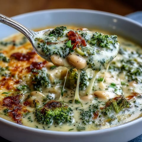 A creamy bowl of broccoli and cheddar bean soup with tender vegetables and melted cheese.  