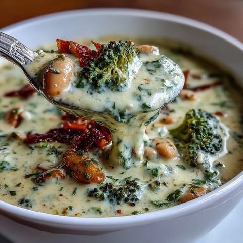 Velvety soup blending broccoli, cannellini beans, and sharp cheddar for a comforting vegetarian meal.  