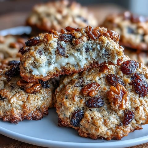 Soft cottage cheese oatmeal raisin breakfast cookies with golden edges and chewy texture, perfect for a healthy morning snack.