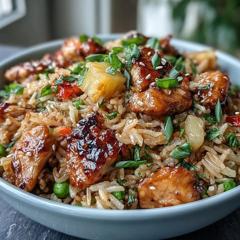 A colorful bowl of sweet chili chicken pineapple fried rice with tender chicken, juicy pineapple, and crisp vegetables in a zesty sauce.