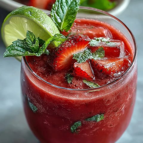 A refreshing Strawberry Watermelon Daiquiri Mocktail with mint, served in a chilled glass with a lime wheel and fresh strawberry slice on the rim.