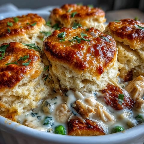 Creamy Chicken Pot Pie with Biscuit Topping in a golden-baked dish, steam rising from the rich, savory filling.