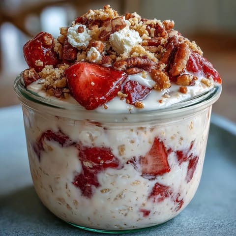 Creamy overnight oats layered with fresh strawberries and cream cheese, topped with crunchy graham cracker crumbs for a cheesecake-inspired breakfast treat.