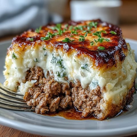 A golden, bubbling Turkey Shepherds Pie with creamy cauliflower-potato mash and savory ground turkey filling.