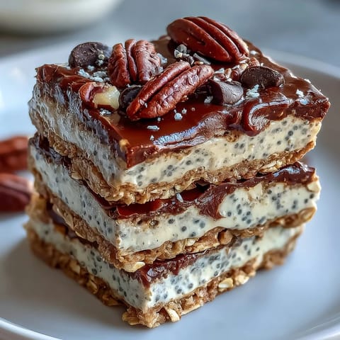 A creamy jar of protein cookie dough overnight oats topped with mini chocolate chips and a drizzle of almond butter for a delicious breakfast.