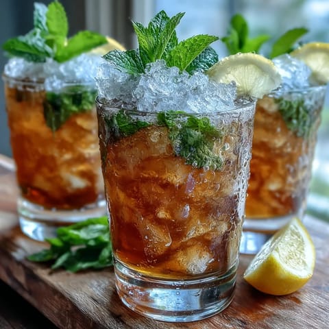 Mini mint julep mocktails with fresh mint syrup, lemon, and ginger ale served in festive glasses.