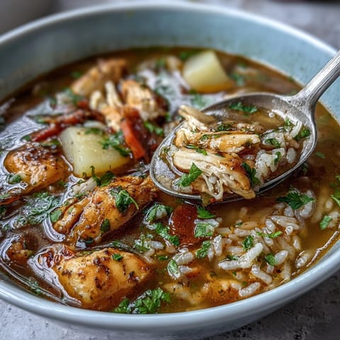 Easy chicken and rice soup with fresh parsley, carrots, and celery in a comforting, nourishing one-pot meal.  