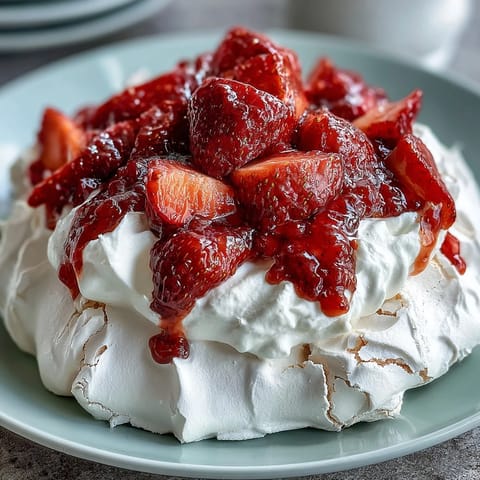 1. Strawberry Pavlova with Whipped Cream: a crisp meringue nest topped with fluffy whipped cream and juicy fresh strawberries for a delightful dessert.  
