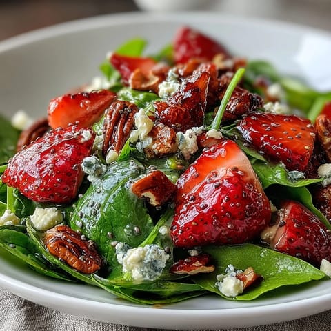Fresh strawberry spinach salad with poppyseed dressing, vibrant with juicy berries and crisp greens.  