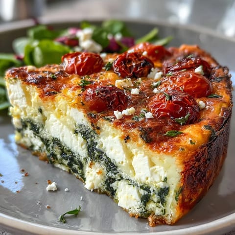 Golden-baked frittata featuring vibrant spinach, tangy feta, and sweet sun-dried tomatoes, served warm from the oven.  