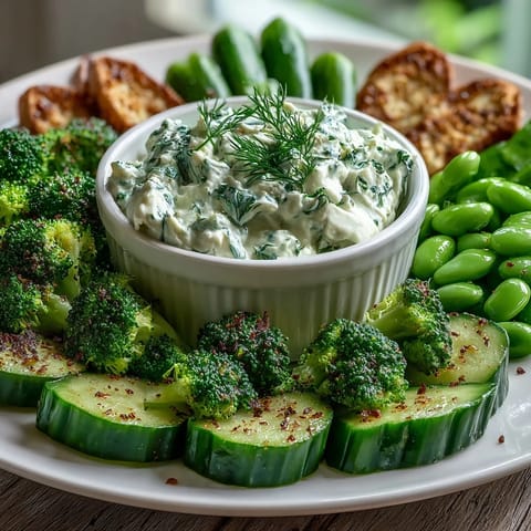 Fresh green snack board with cucumber, snap peas, and creamy avocado ranch dip for healthy snacking.  