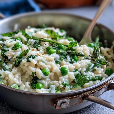 Bright green peas and fragrant mint elevate this Parmesan risotto, perfect for a seasonal gathering.