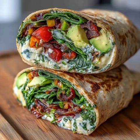 A vibrant rainbow veggie wrap filled with colorful bell peppers, carrots, and spinach, perfect for a healthy lunch on the go.