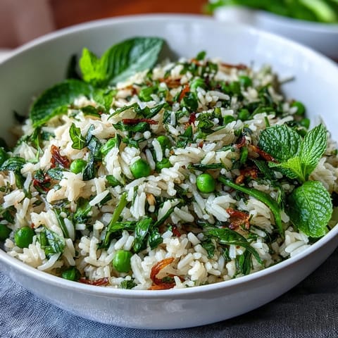 A vibrant bowl of spring pea and mint rice pilaf, with bright green peas and fresh herbs, perfect for Easter or spring dinners.