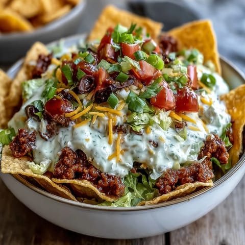 Easy Taco Dip Cups with creamy layers and fresh toppings in individual clear cups, perfect for parties and game day snacking.