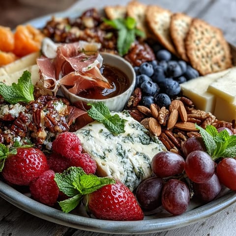 Vibrant Spring Charcuterie Board with Edible Flowers and Fruits, featuring cured meats, cheeses, and fresh berries arranged for visual appeal.