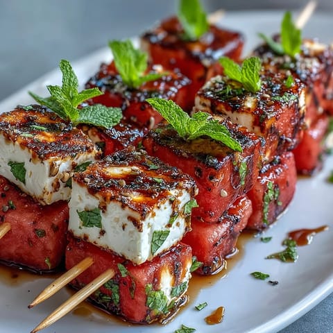 Watermelon feta mint skewers with juicy cubes, creamy cheese, and fresh mint leaves on wooden picks.
