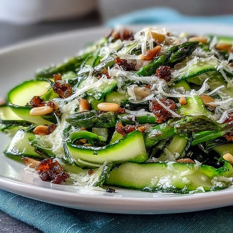 Shaved asparagus salad with lemon and Parmesan, fresh ribbons tossed in citrus dressing and topped with cheese.
