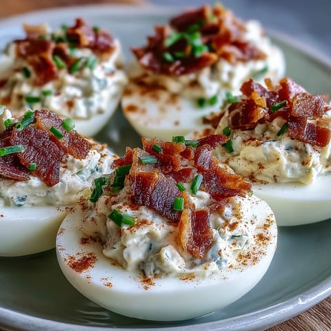 Crispy bacon and creamy ranch deviled eggs, garnished with chives and paprika, perfect for Easter brunch or parties.