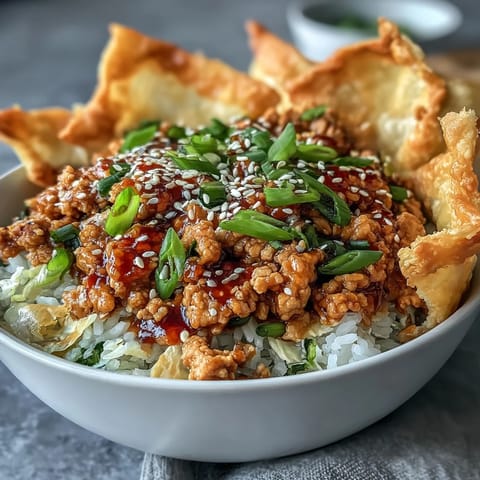 Fork-tender ground chicken and crisp veggies mingle over fluffy rice in this Crispy Baked Egg Roll Chicken Bowl.