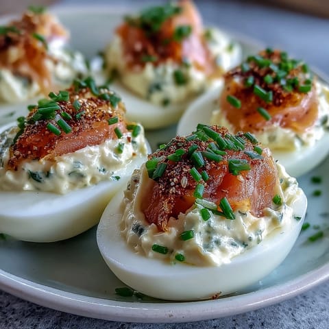 Creamy deviled eggs filled with smoked salmon and chives, topped with everything bagel seasoning for a flavorful bite.
