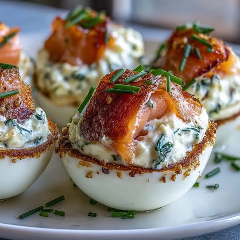 Smoked salmon deviled eggs with everything seasoning, garnished with dill and extra salmon for a gourmet appetizer.