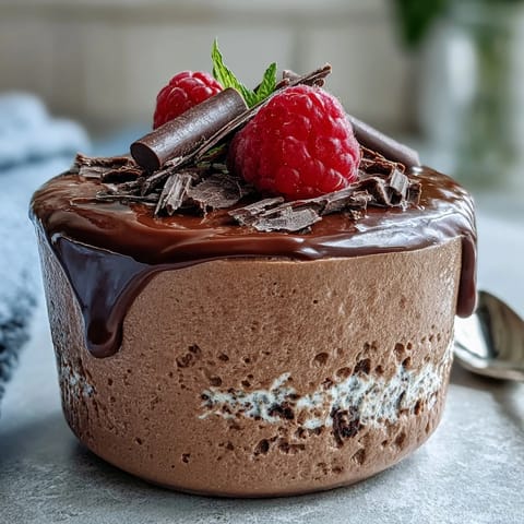 Silky high-protein cottage cheese chocolate mousse with rich cocoa and melted dark chocolate, garnished with fresh berries.  