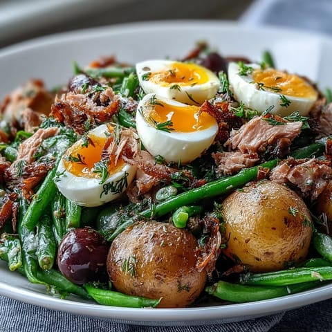 A colorful spring Niçoise salad with tuna, green beans, and soft-boiled eggs drizzled with tangy Dijon vinaigrette.  