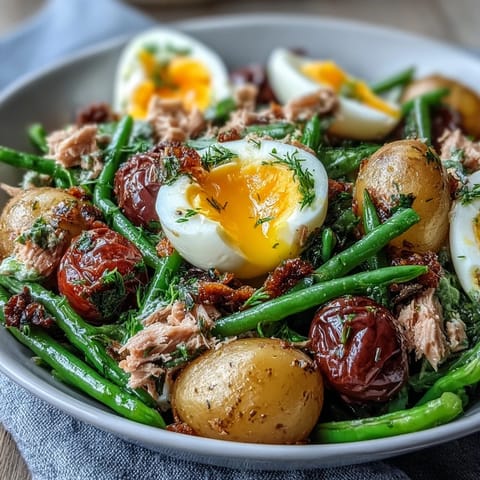 Fresh seasonal Niçoise salad featuring baby potatoes, cherry tomatoes, olives, and tender tuna on a bed of mixed greens.  