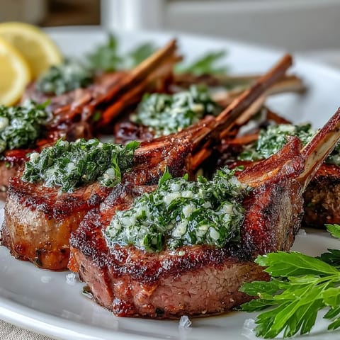 Tender lamb rib chops seared to perfection and topped with zesty gremolata, served on a rustic platter.  