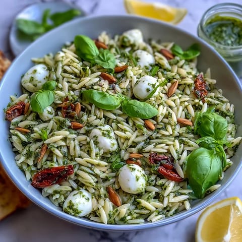 A colorful cold orzo salad with basil pesto, cherry tomatoes, and fresh mozzarella for a refreshing summer dish.  