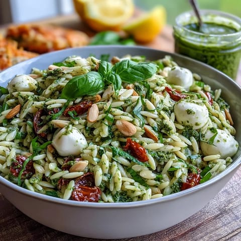 Vibrant pesto-coated orzo pasta mixed with juicy tomatoes and creamy mozzarella, perfect for picnics or potlucks.  