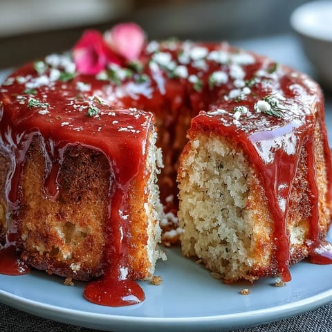 Slices of gluten-free blood orange polenta cake topped with fresh citrus glaze and edible flowers.  