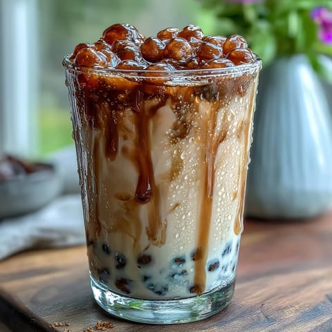 Creamy milk tea with chewy brown sugar tapioca pearls, served over ice with a rich brown sugar drizzle for an authentic bubble tea experience.  