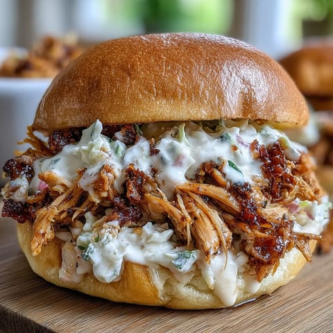 Juicy smoked pulled chicken smothered in tangy white BBQ sauce, served on toasted buns for a smoky, savory sandwich experience.  