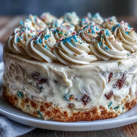 Vibrant confetti cake with rainbow sprinkles, layered with champagne frosting for a festive graduation dessert.  