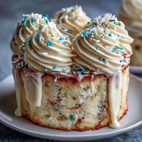 Elegant vanilla confetti cake topped with silky champagne buttercream, perfect for celebrating milestones and special occasions.  