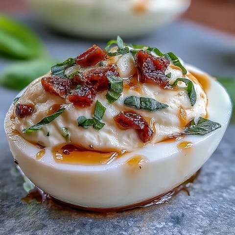 Caprese Deviled Eggs with Basil Oil and Tomato, featuring creamy yolks, fresh basil, and diced mozzarella on a platter.  