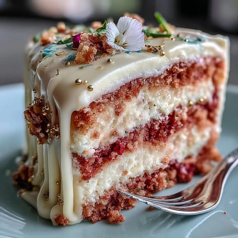 Luscious rosé velvet cake frosted beautifully with gold drip, ready for serving.