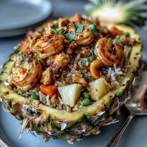 Vibrant pineapple fried rice served in a carved pineapple shell, featuring colorful vegetables and juicy shrimp for a tropical Thai-inspired meal.